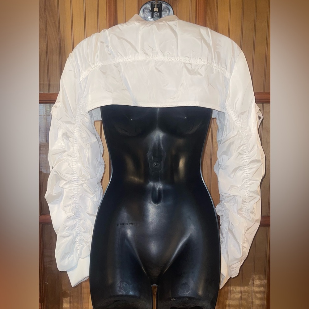 White Ruched Bomber Cropped Jacket - Picture 4 of 5